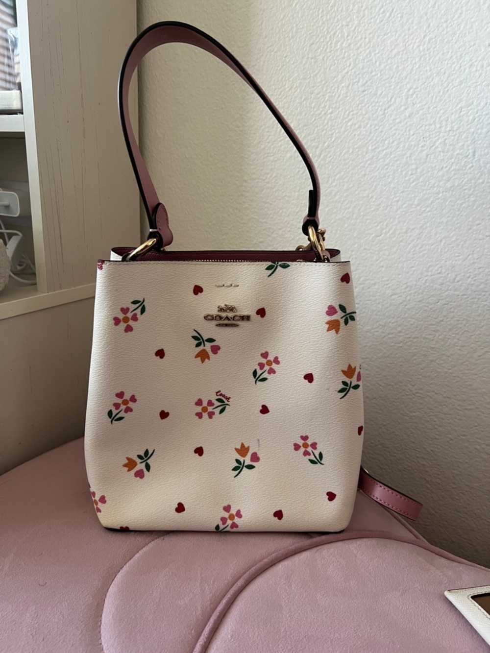 Coach Heart Floral Bucket Bag with Pink Straps
